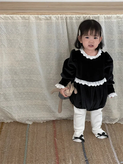 長袖ロンパース ベビーロンパース レースフリルフリース長袖ボディスーツ【mh-0008432】