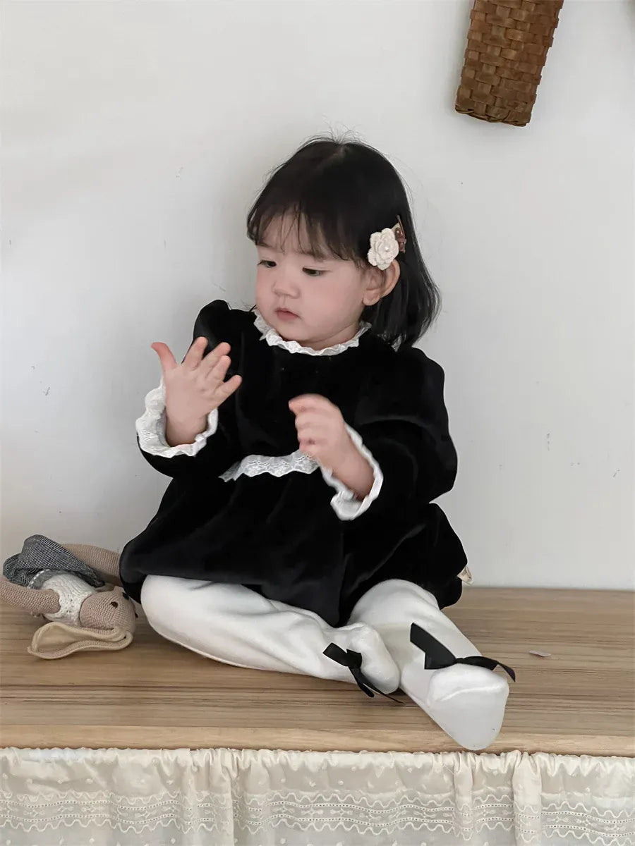 長袖ロンパース ベビーロンパース レースフリルフリース長袖ボディスーツ【mh-0008432】