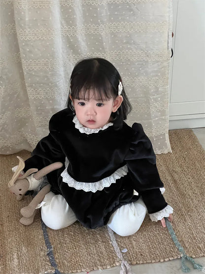 長袖ロンパース ベビーロンパース レースフリルフリース長袖ボディスーツ【mh-0008432】