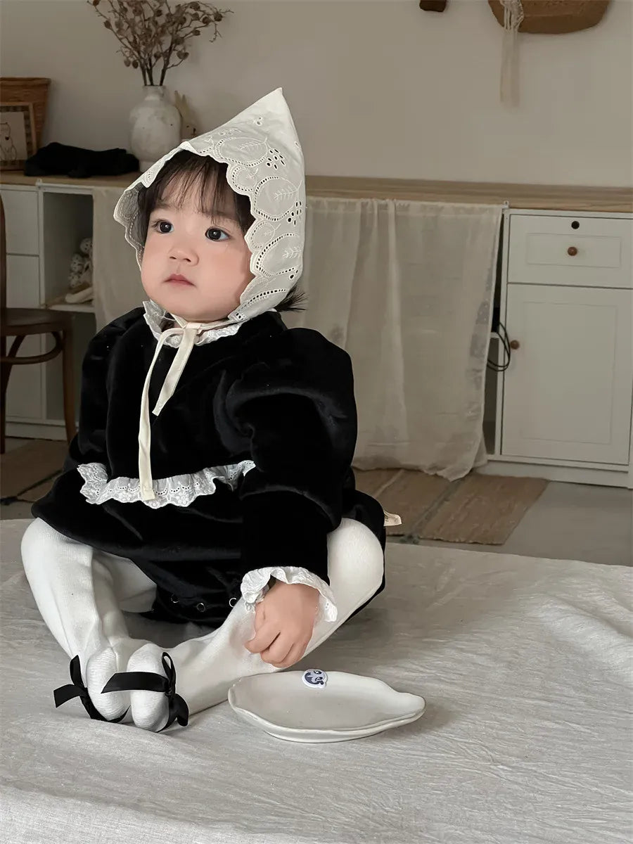 長袖ロンパース ベビーロンパース レースフリルフリース長袖ボディスーツ【mh-0008432】