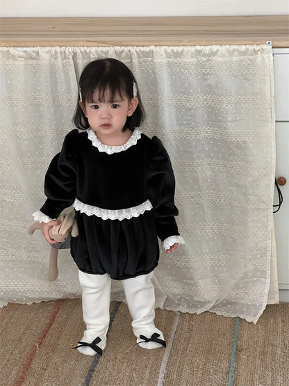 長袖ロンパース ベビーロンパース レースフリルフリース長袖ボディスーツ【mh-0008432】