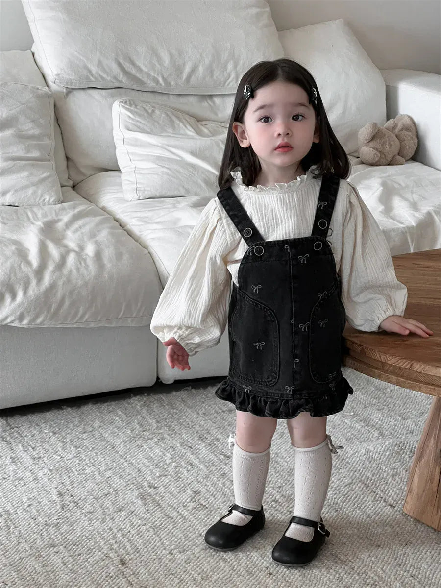 長袖セットアップ ベビートップス/ワンピース 長袖パフスリーブブラウス/リボン柄サスペンダージャンパースカートワンピース【mh0007733】