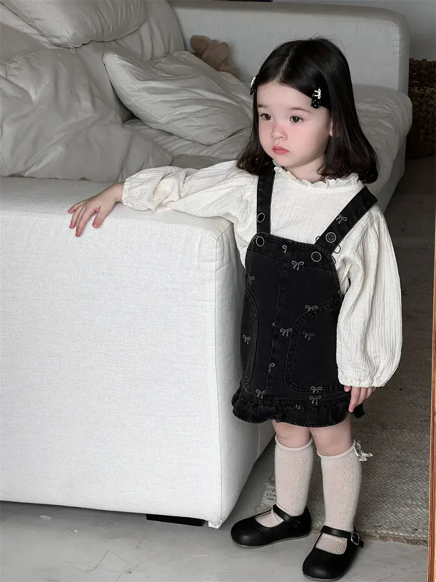 長袖セットアップ ベビートップス/ワンピース 長袖パフスリーブブラウス/リボン柄サスペンダージャンパースカートワンピース【mh0007733】