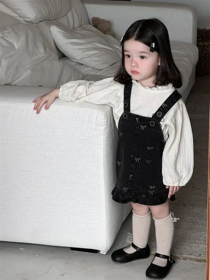 長袖セットアップ ベビートップス/ワンピース 長袖パフスリーブブラウス/リボン柄サスペンダージャンパースカートワンピース【mh0007733】