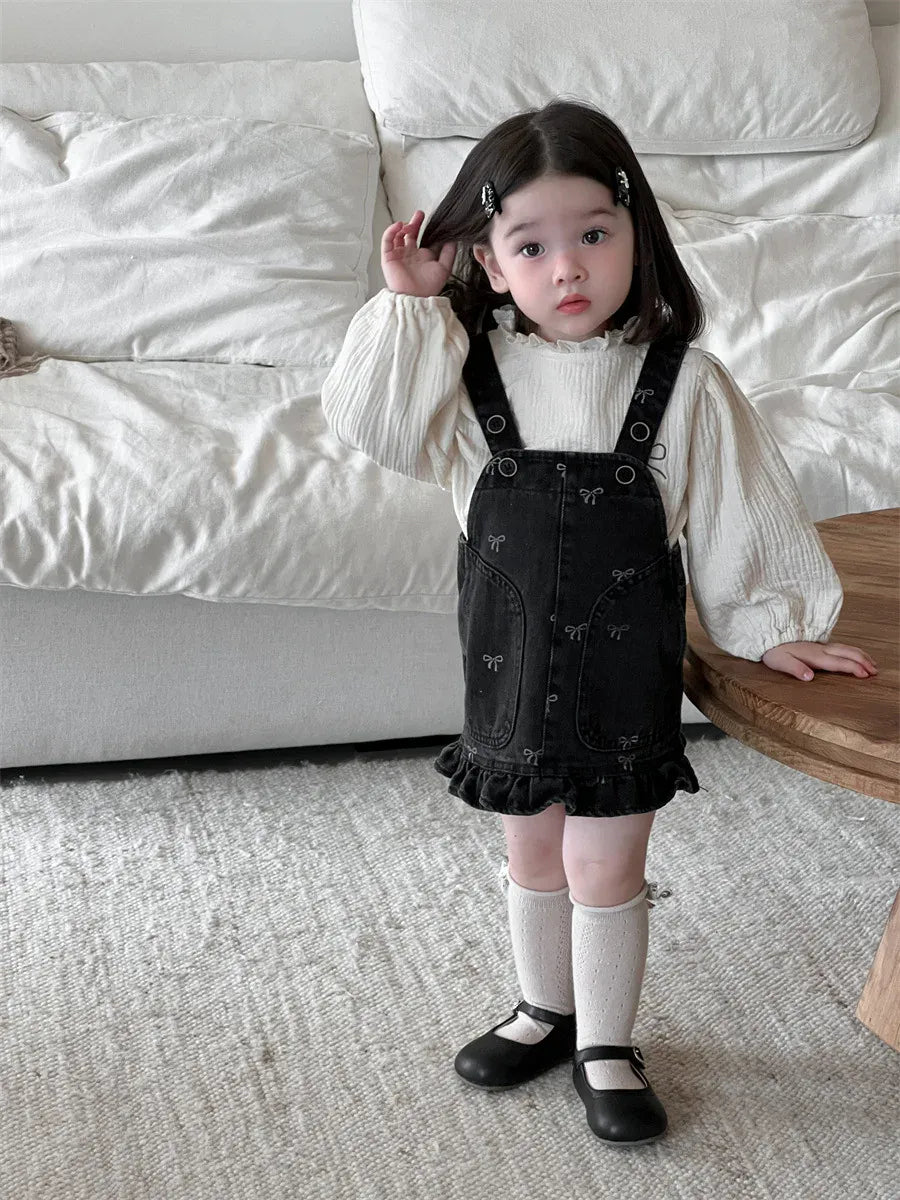 長袖セットアップ ベビートップス/ワンピース 長袖パフスリーブブラウス/リボン柄サスペンダージャンパースカートワンピース【mh0007733】