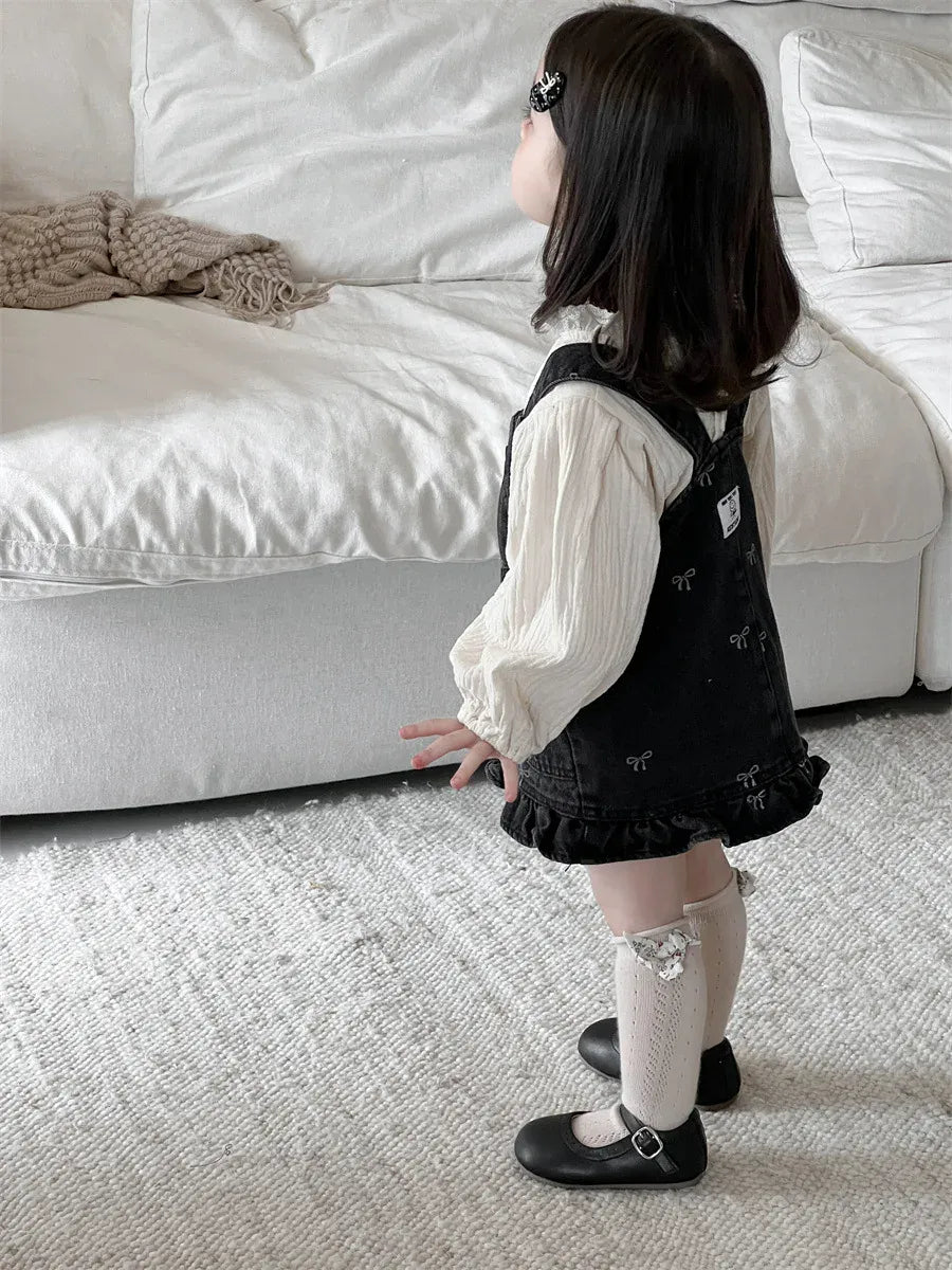 長袖セットアップ ベビートップス/ワンピース 長袖パフスリーブブラウス/リボン柄サスペンダージャンパースカートワンピース【mh0007733】