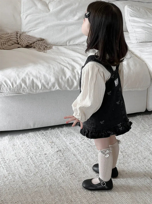 長袖セットアップ ベビートップス/ワンピース 長袖パフスリーブブラウス/リボン柄サスペンダージャンパースカートワンピース【mh0007733】