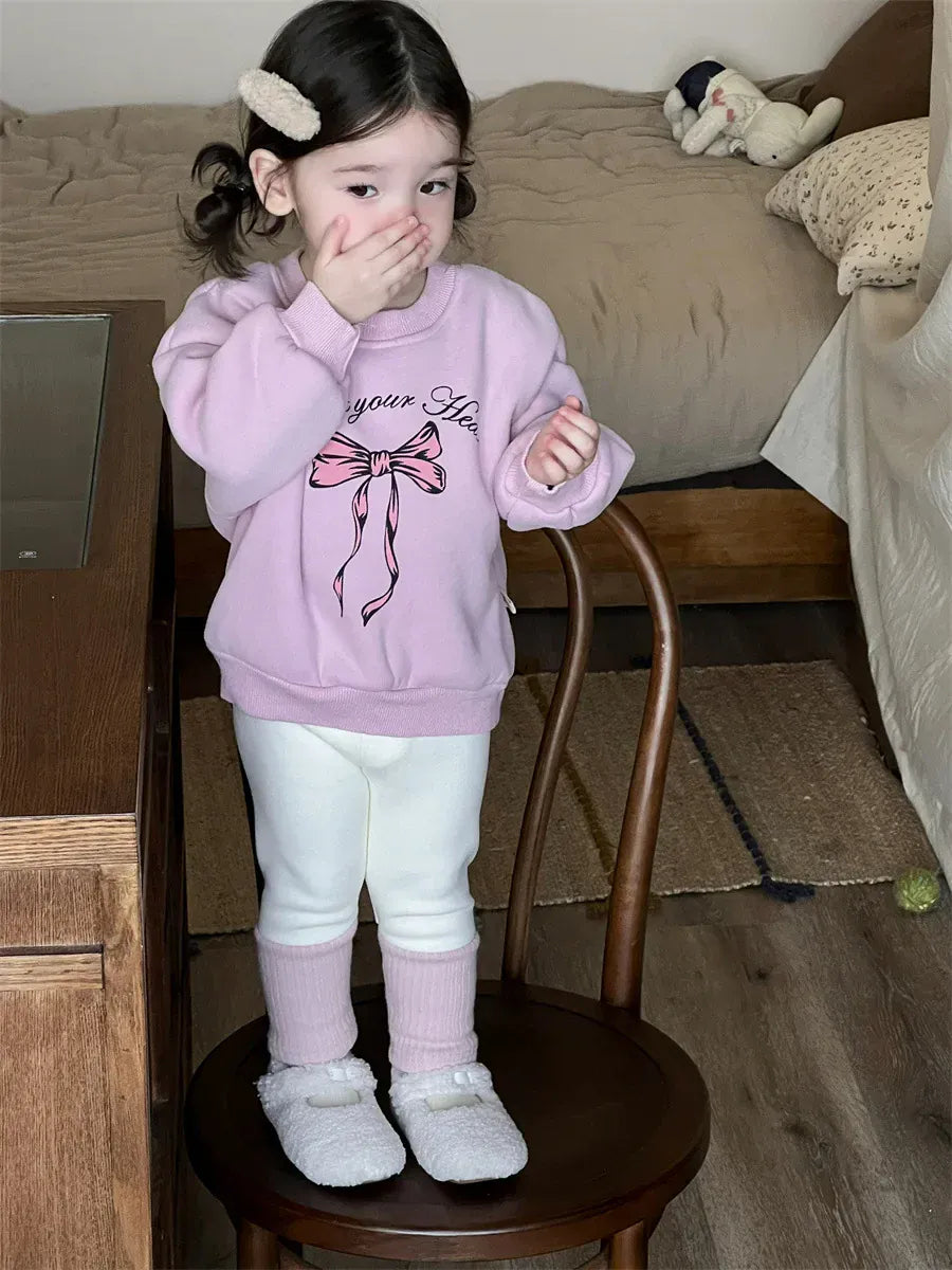 トレーナー・フーディ ベビーキッズトップス リボン/ベアくまプリント裏フリース長袖スウェットプルオーバートレーナー【mh0007734】