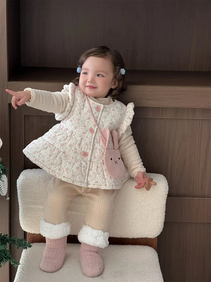 ベスト ベビーベスト フラワープリントショルダーフリル前あきキルティングジレアウターベスト【mh0007809】