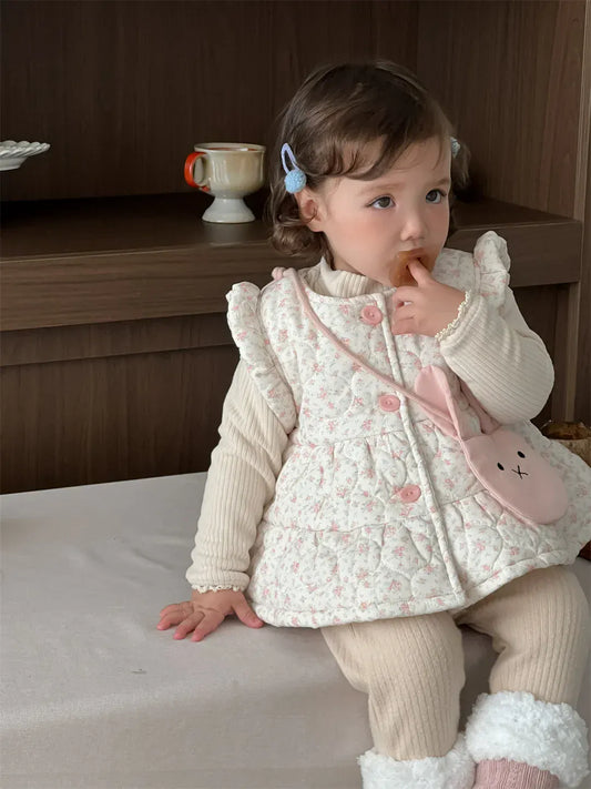 ベスト ベビーベスト フラワープリントショルダーフリル前あきキルティングジレアウターベスト【mh0007809】