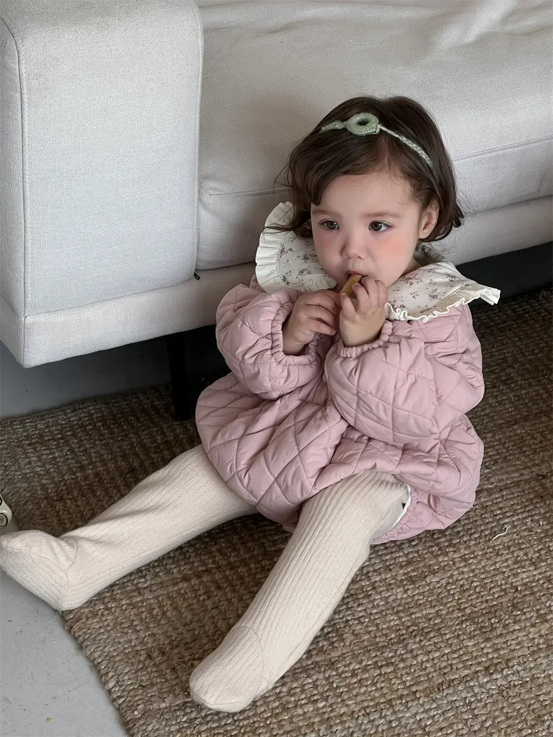 長袖ロンパース ベビーアウターロンパース フラワープリントフリル襟キルティング防寒長袖ボディスーツ【mh0007811】