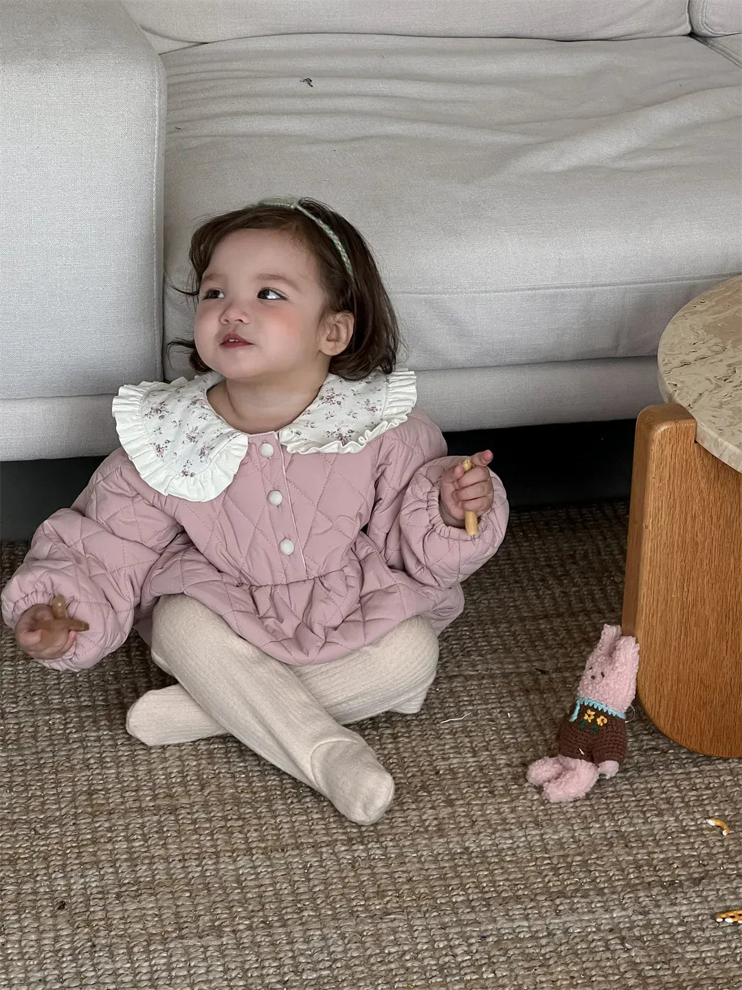 長袖ロンパース ベビーアウターロンパース フラワープリントフリル襟キルティング防寒長袖ボディスーツ【mh0007811】