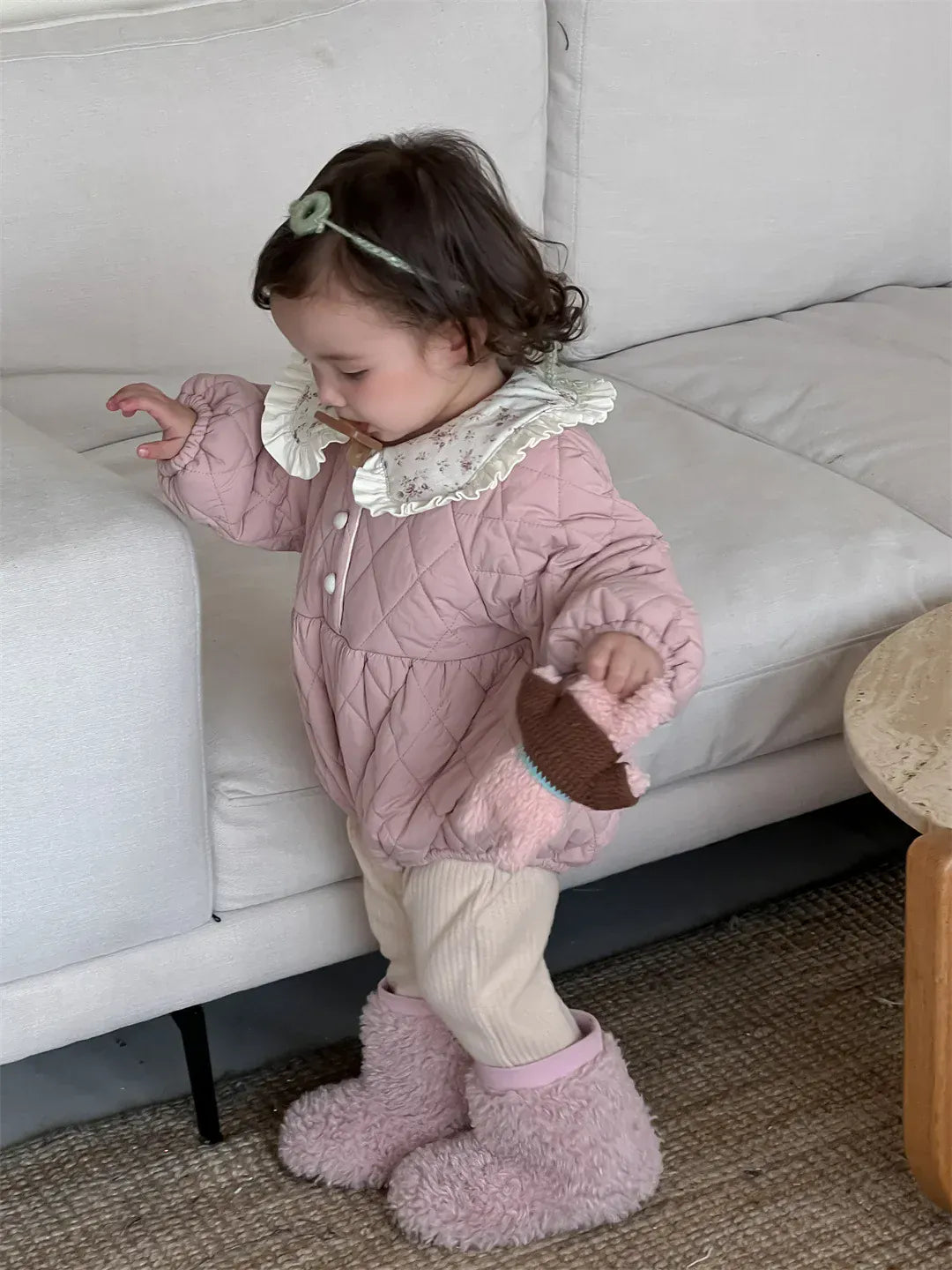 長袖ロンパース ベビーアウターロンパース フラワープリントフリル襟キルティング防寒長袖ボディスーツ【mh0007811】