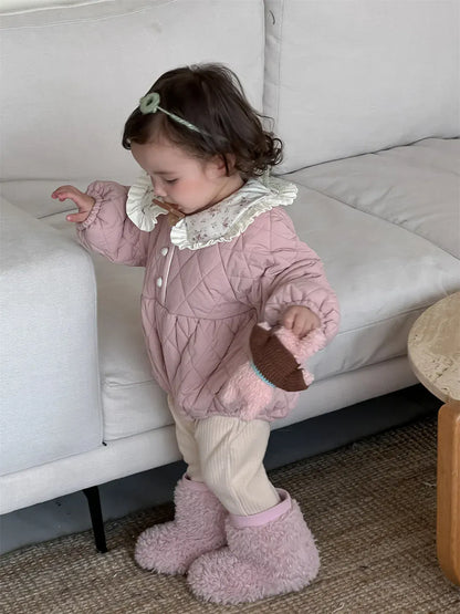 長袖ロンパース ベビーアウターロンパース フラワープリントフリル襟キルティング防寒長袖ボディスーツ【mh0007811】