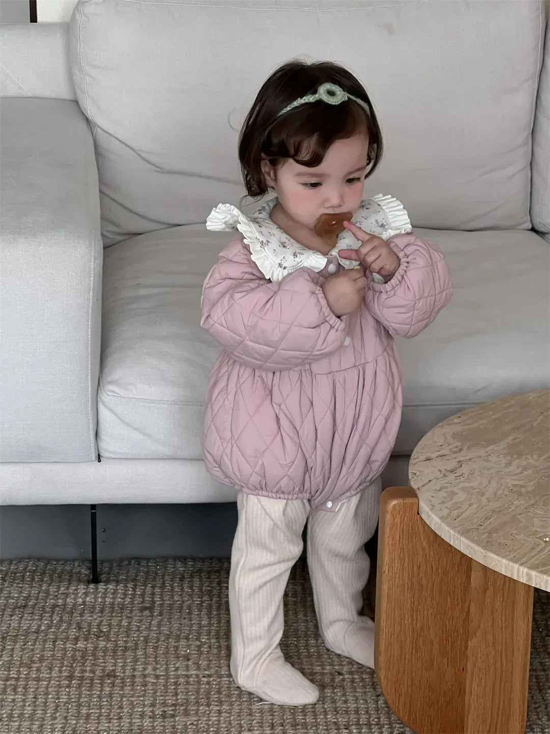 長袖ロンパース ベビーアウターロンパース フラワープリントフリル襟キルティング防寒長袖ボディスーツ【mh0007811】