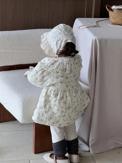 ロングコート ベビーアウター フラワープリントレースフリルキルティング前あきワンピースコート【mh0007812】