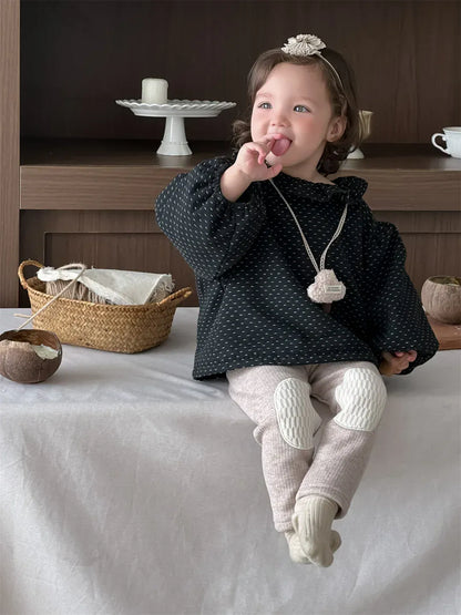 長袖シャツ・ブラウス ベビートップス 水玉ドットプリントラッフルサークル襟裏フリース長袖パフスリーブチュニックブラウス【mh0007816】