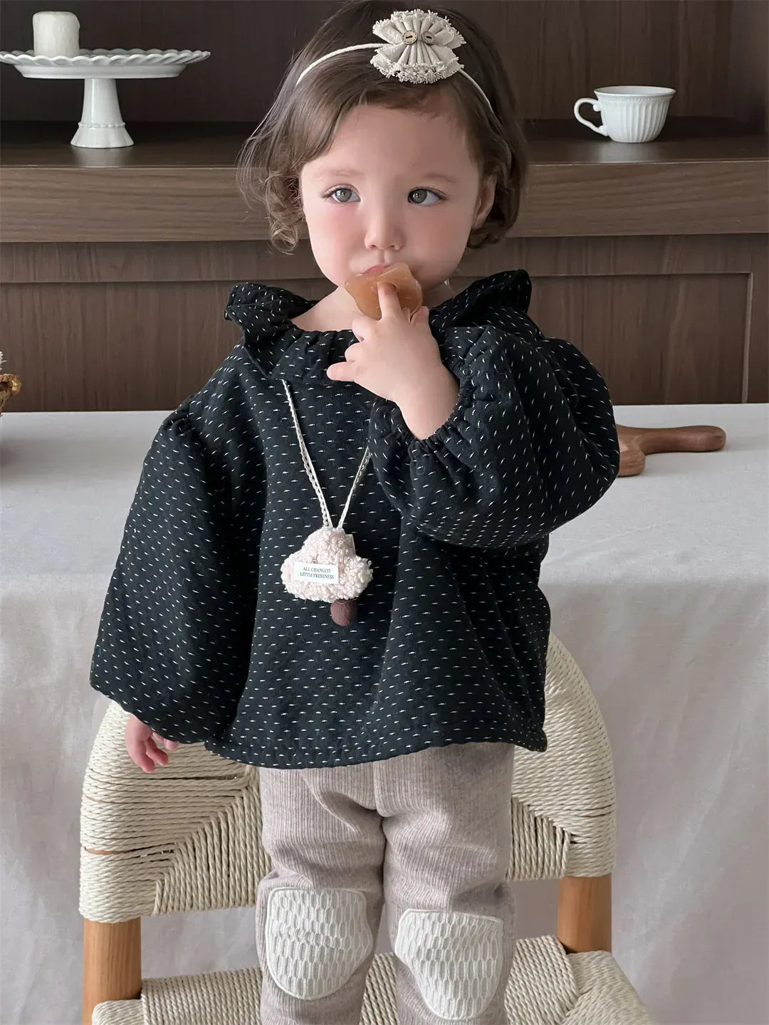 長袖シャツ・ブラウス ベビートップス 水玉ドットプリントラッフルサークル襟裏フリース長袖パフスリーブチュニックブラウス【mh0007816】