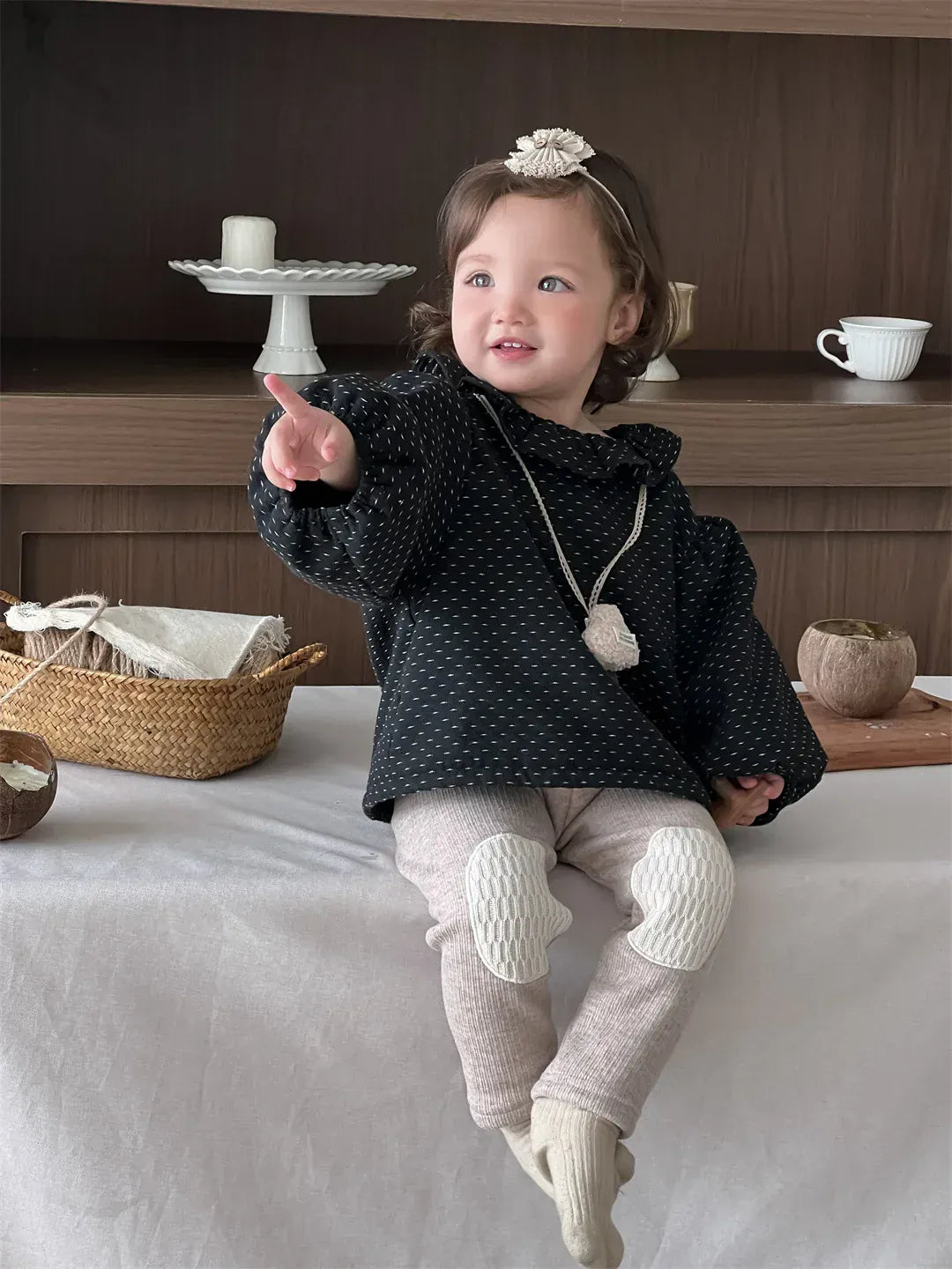 長袖シャツ・ブラウス ベビートップス 水玉ドットプリントラッフルサークル襟裏フリース長袖パフスリーブチュニックブラウス【mh0007816】