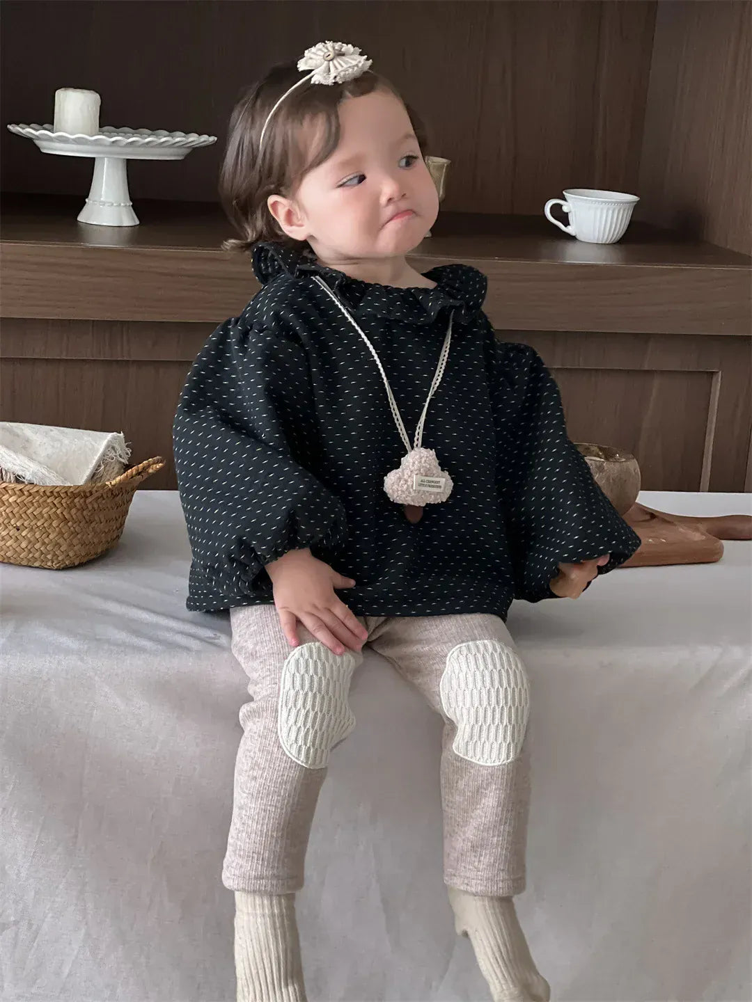 長袖シャツ・ブラウス ベビートップス 水玉ドットプリントラッフルサークル襟裏フリース長袖パフスリーブチュニックブラウス【mh0007816】