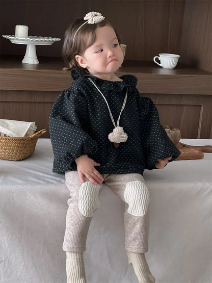 長袖シャツ・ブラウス ベビートップス 水玉ドットプリントラッフルサークル襟裏フリース長袖パフスリーブチュニックブラウス【mh0007816】