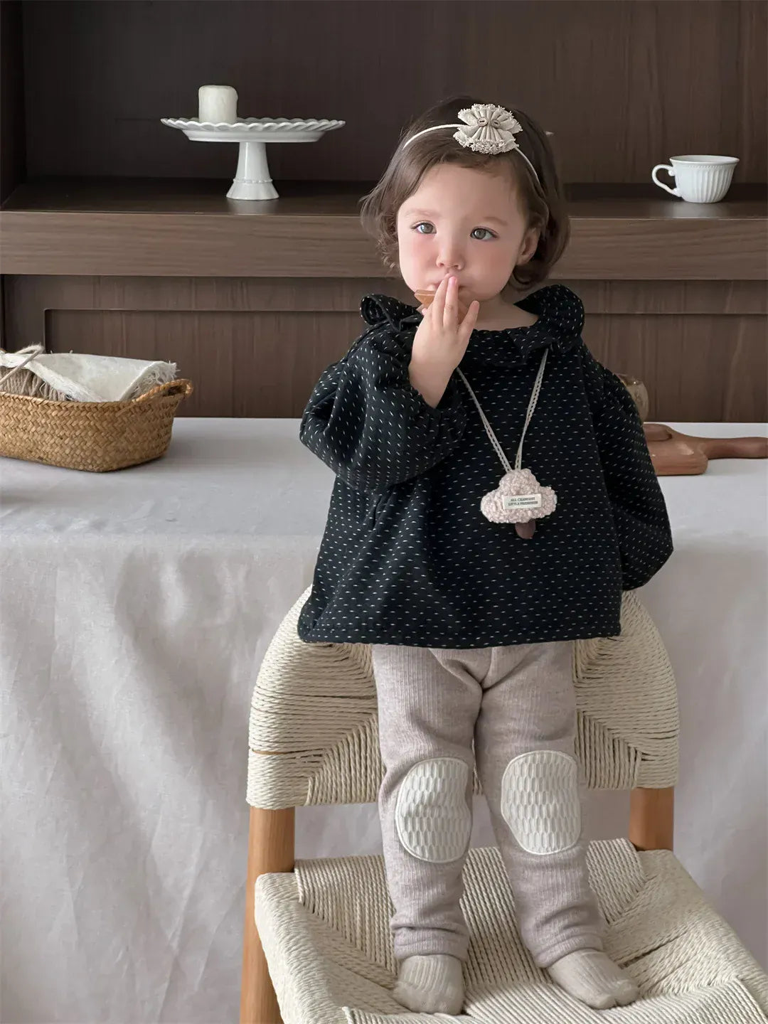 長袖シャツ・ブラウス ベビートップス 水玉ドットプリントラッフルサークル襟裏フリース長袖パフスリーブチュニックブラウス【mh0007816】