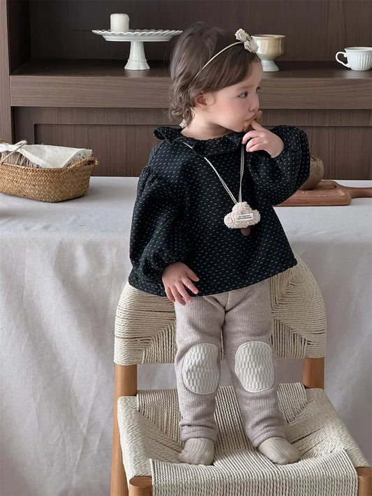 長袖シャツ・ブラウス ベビートップス 水玉ドットプリントラッフルサークル襟裏フリース長袖パフスリーブチュニックブラウス【mh0007816】