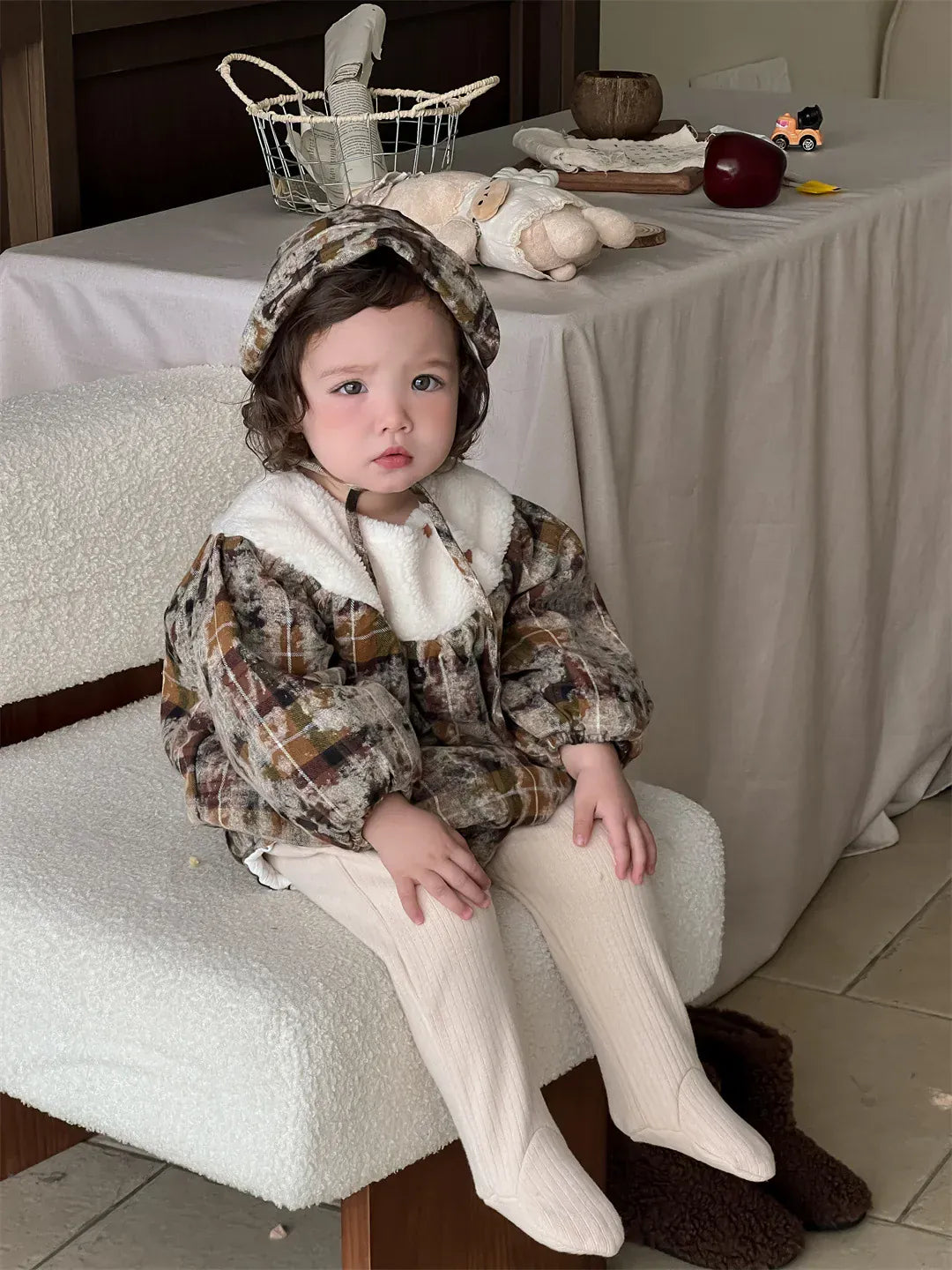 長袖ロンパース ベビーロンパース ボアフリースドッキングレトロプリント厚手長袖ボディスーツ【mh0007830】