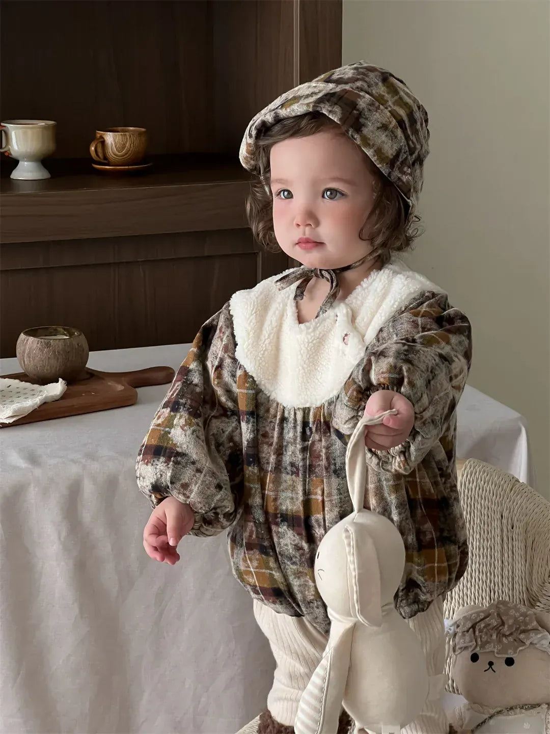 長袖ロンパース ベビーロンパース ボアフリースドッキングレトロプリント厚手長袖ボディスーツ【mh0007830】