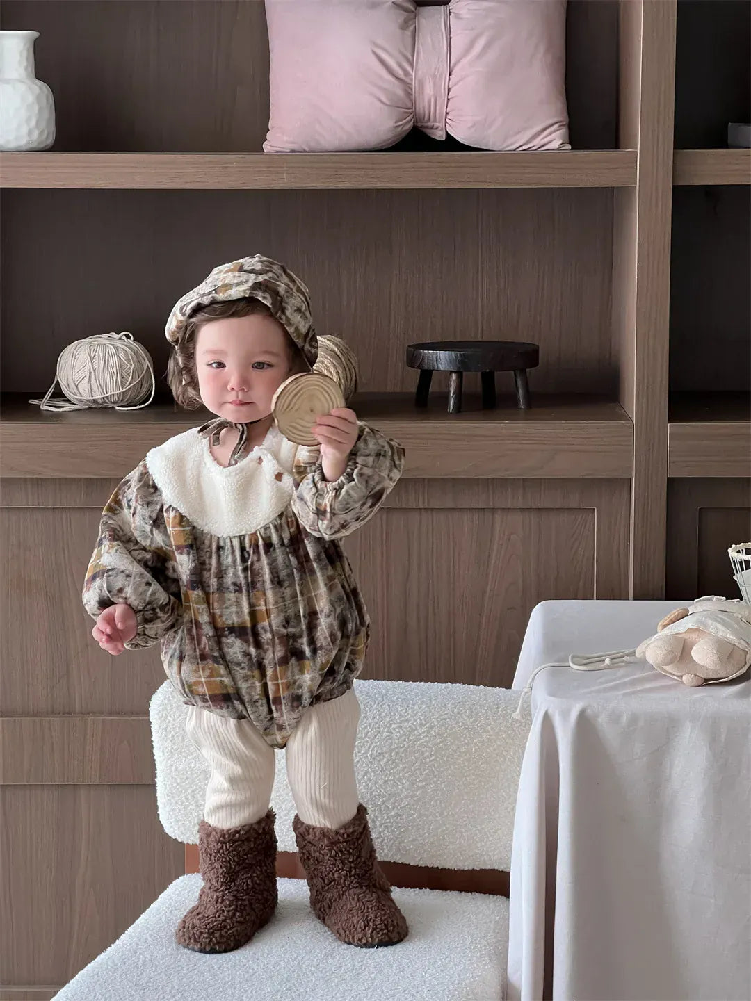 長袖ロンパース ベビーロンパース ボアフリースドッキングレトロプリント厚手長袖ボディスーツ【mh0007830】