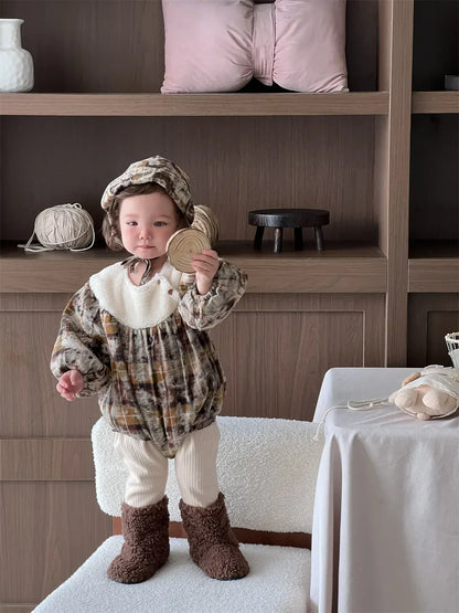 長袖ロンパース ベビーロンパース ボアフリースドッキングレトロプリント厚手長袖ボディスーツ【mh0007830】