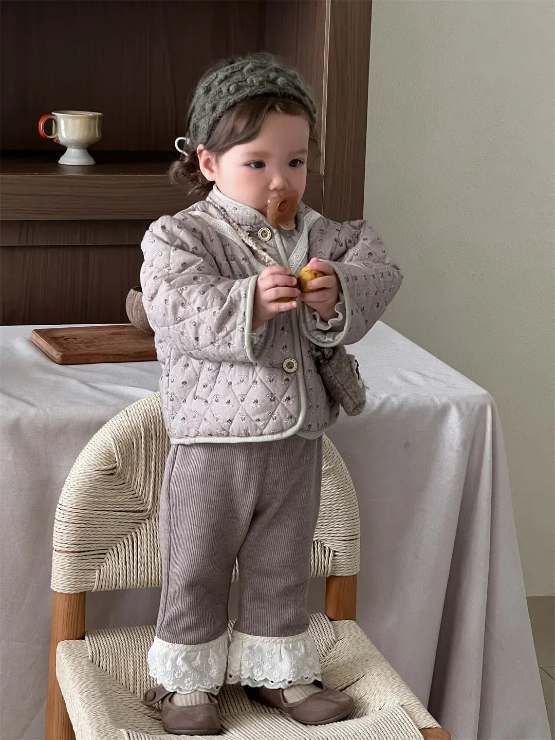 長袖セットアップ ベビーアウター/パンツ フラワー小花柄プリント長袖パフスリーブキルティングジャケット/ボリュームレースフリルレギンスパンツ【mh0007831】