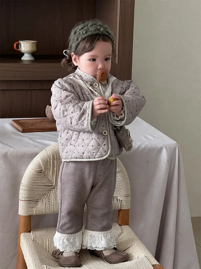 長袖セットアップ ベビーアウター/パンツ フラワー小花柄プリント長袖パフスリーブキルティングジャケット/ボリュームレースフリルレギンスパンツ【mh0007831】