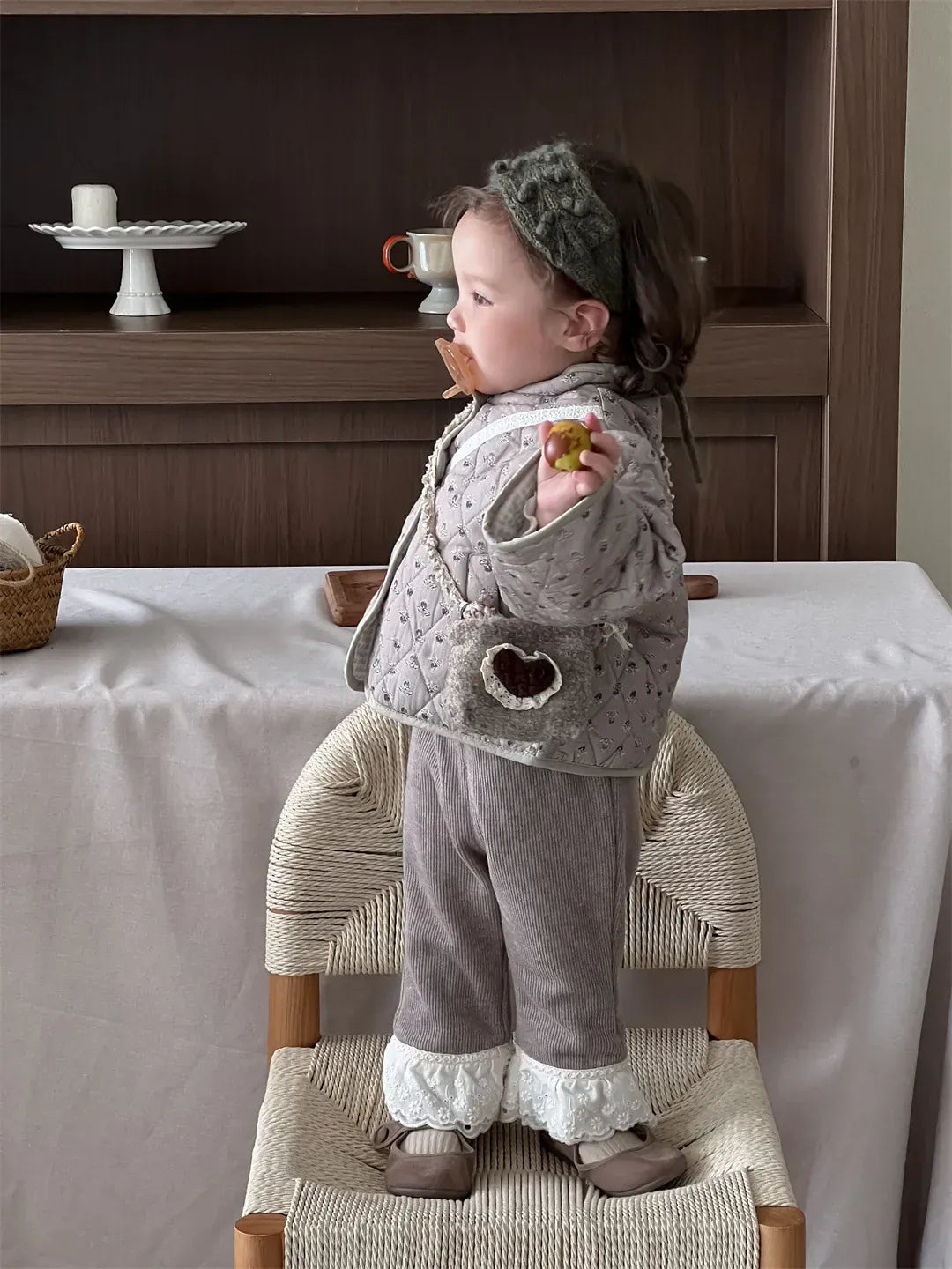 長袖セットアップ ベビーアウター/パンツ フラワー小花柄プリント長袖パフスリーブキルティングジャケット/ボリュームレースフリルレギンスパンツ【mh0007831】