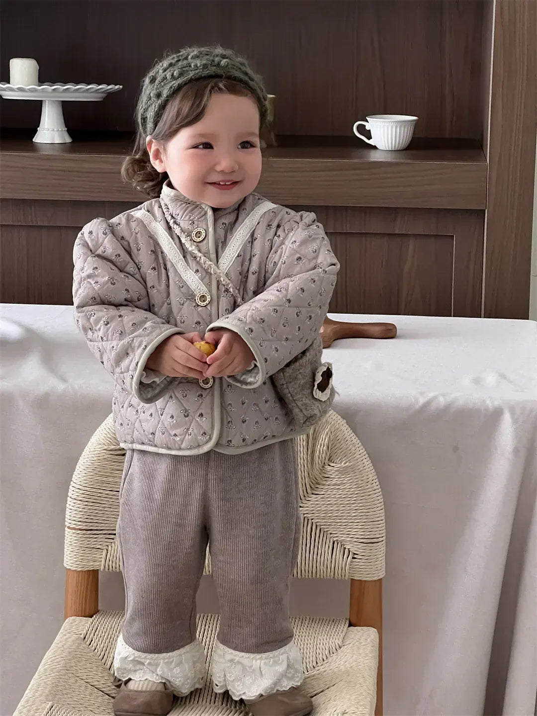 長袖セットアップ ベビーアウター/パンツ フラワー小花柄プリント長袖パフスリーブキルティングジャケット/ボリュームレースフリルレギンスパンツ【mh0007831】