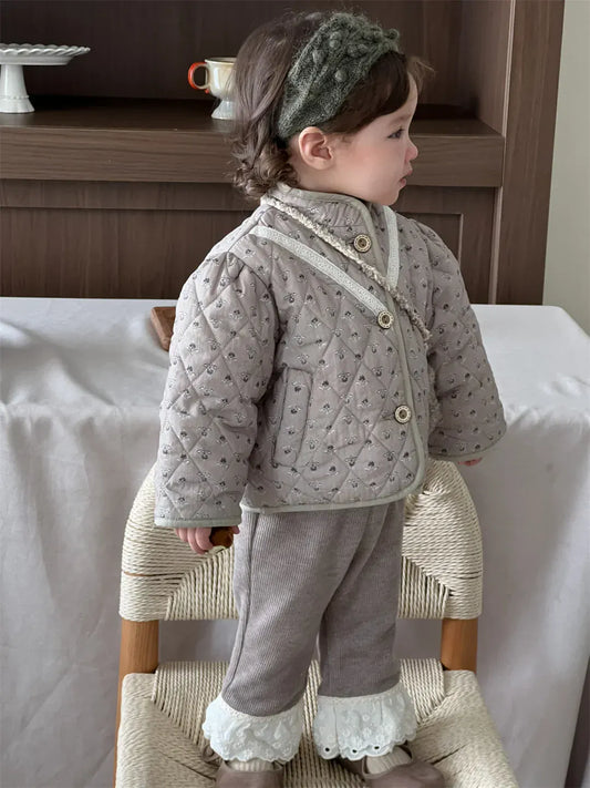 長袖セットアップ ベビーアウター/パンツ フラワー小花柄プリント長袖パフスリーブキルティングジャケット/ボリュームレースフリルレギンスパンツ【mh0007831】