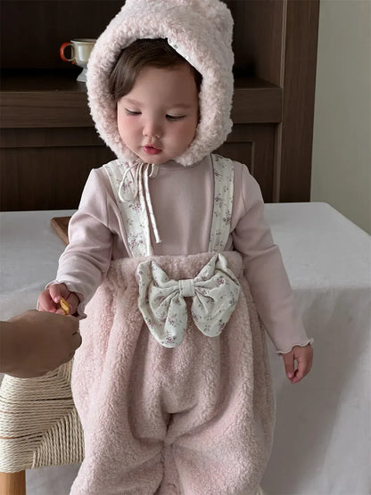 サロペットパンツ・サスペンダーパンツ ベビーサロペット ボアフリースビッグリボンサスペンダーパンツ+ボンネット帽子セット【mh0007833】