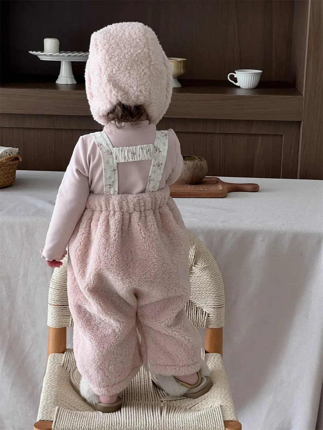 サロペットパンツ・サスペンダーパンツ ベビーサロペット ボアフリースビッグリボンサスペンダーパンツ+ボンネット帽子セット【mh0007833】