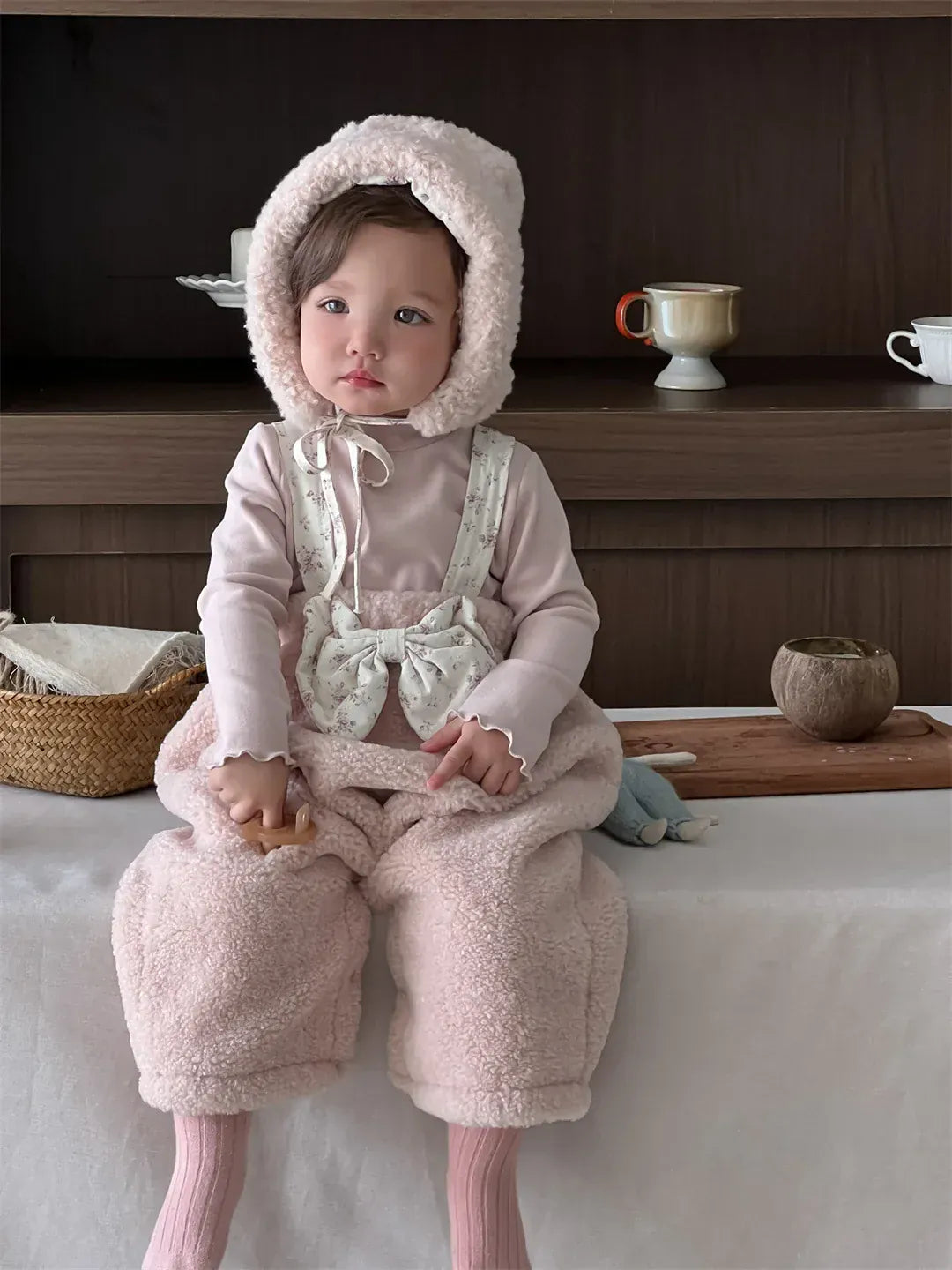 サロペットパンツ・サスペンダーパンツ ベビーサロペット ボアフリースビッグリボンサスペンダーパンツ+ボンネット帽子セット【mh0007833】