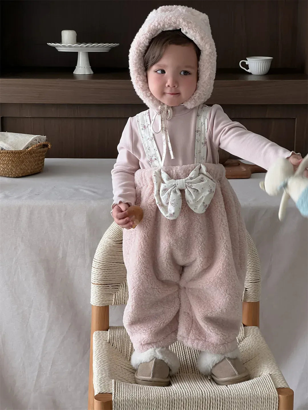 サロペットパンツ・サスペンダーパンツ ベビーサロペット ボアフリースビッグリボンサスペンダーパンツ+ボンネット帽子セット【mh0007833】