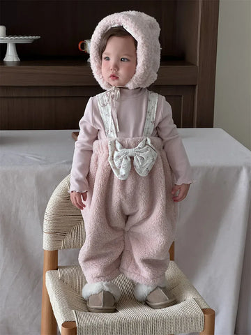 サロペットパンツ・サスペンダーパンツ ベビーサロペット ボアフリースビッグリボンサスペンダーパンツ+ボンネット帽子セット【mh0007833】
