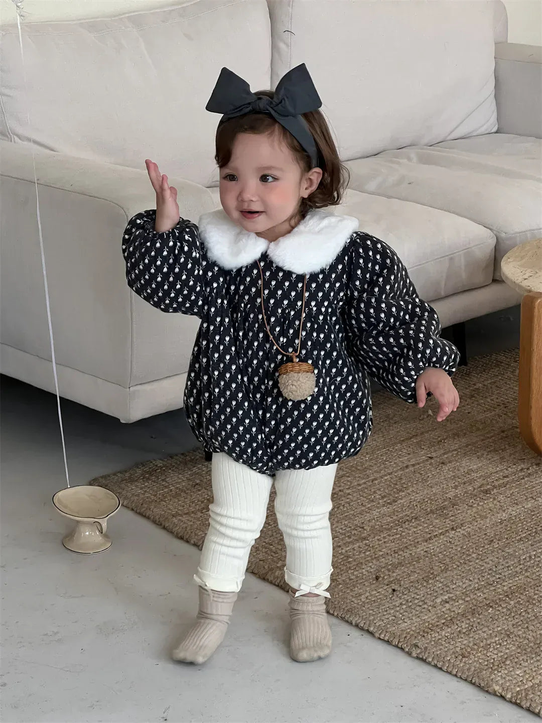 長袖ロンパース ベビーロンパース フラワープリントファーフリース襟パデッド厚手防寒長袖ボディスーツ【mh0007834】