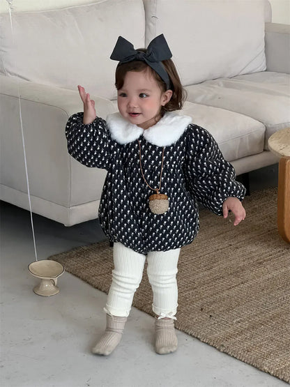 長袖ロンパース ベビーロンパース フラワープリントファーフリース襟パデッド厚手防寒長袖ボディスーツ【mh0007834】