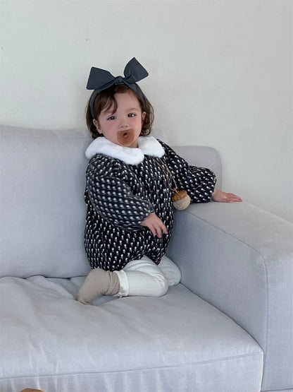 長袖ロンパース ベビーロンパース フラワープリントファーフリース襟パデッド厚手防寒長袖ボディスーツ【mh0007834】