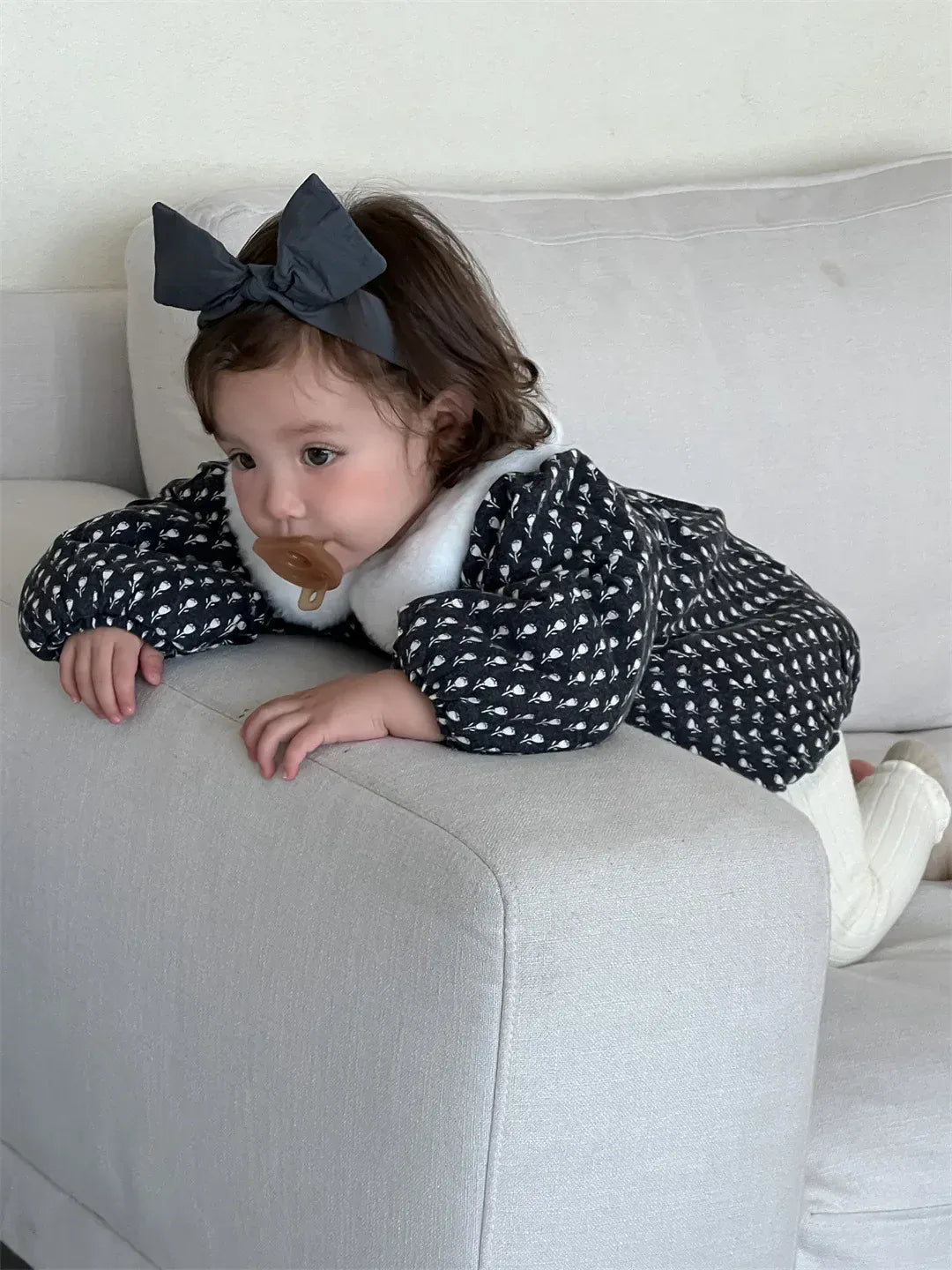 長袖ロンパース ベビーロンパース フラワープリントファーフリース襟パデッド厚手防寒長袖ボディスーツ【mh0007834】