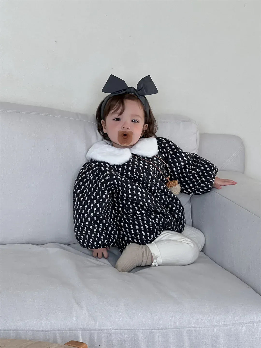 長袖ロンパース ベビーロンパース フラワープリントファーフリース襟パデッド厚手防寒長袖ボディスーツ【mh0007834】