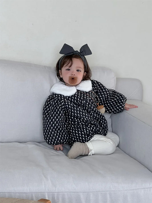 長袖ロンパース ベビーロンパース フラワープリントファーフリース襟パデッド厚手防寒長袖ボディスーツ【mh0007834】