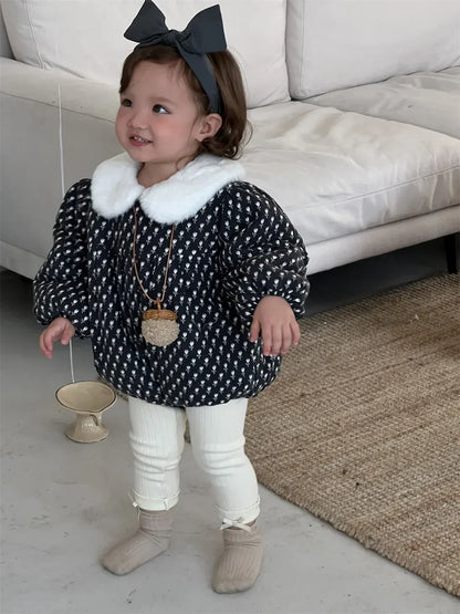 長袖ロンパース ベビーロンパース フラワープリントファーフリース襟パデッド厚手防寒長袖ボディスーツ【mh0007834】