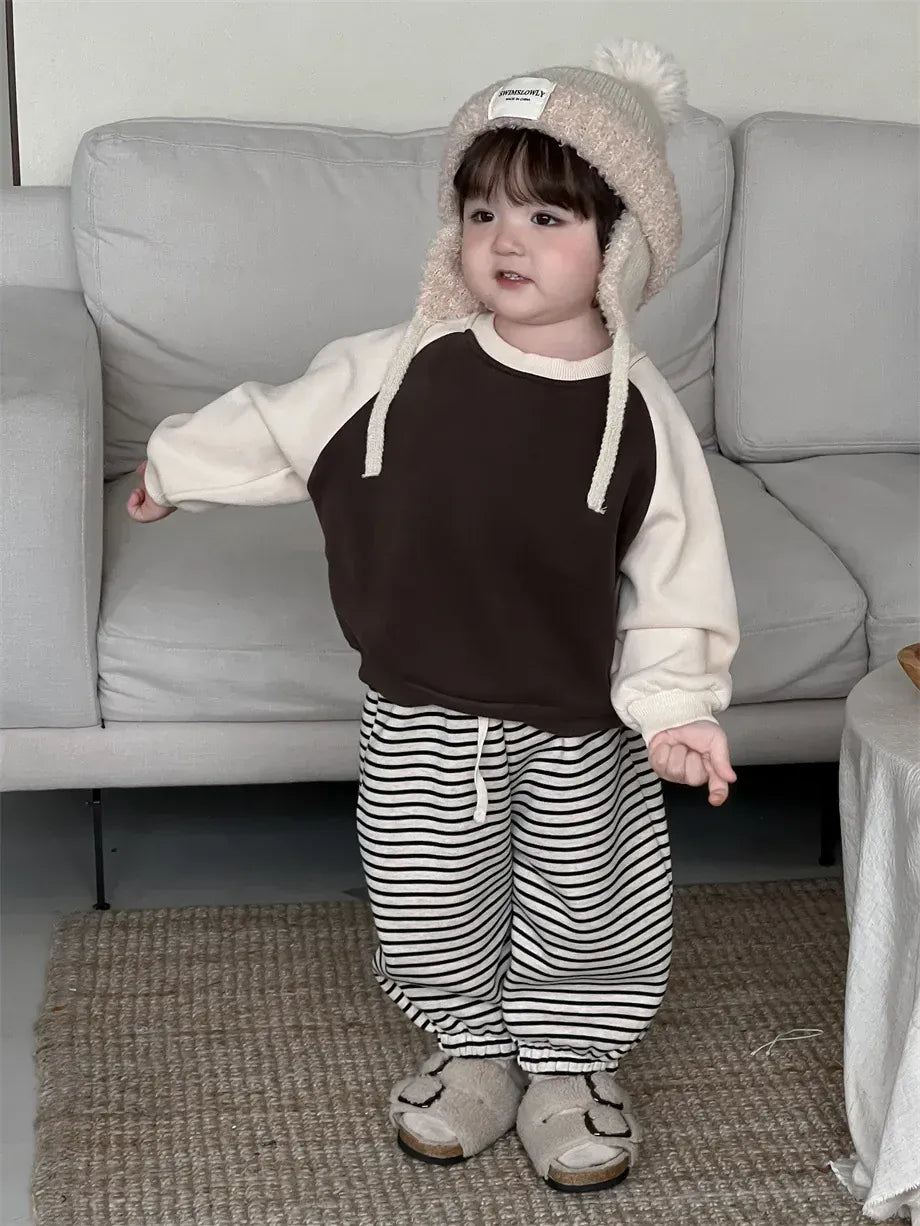 長袖セットアップ ベビートップス/パンツ パッチワーク長袖スウェットトレーナー/ロングルーズパンツ【mh0007966】