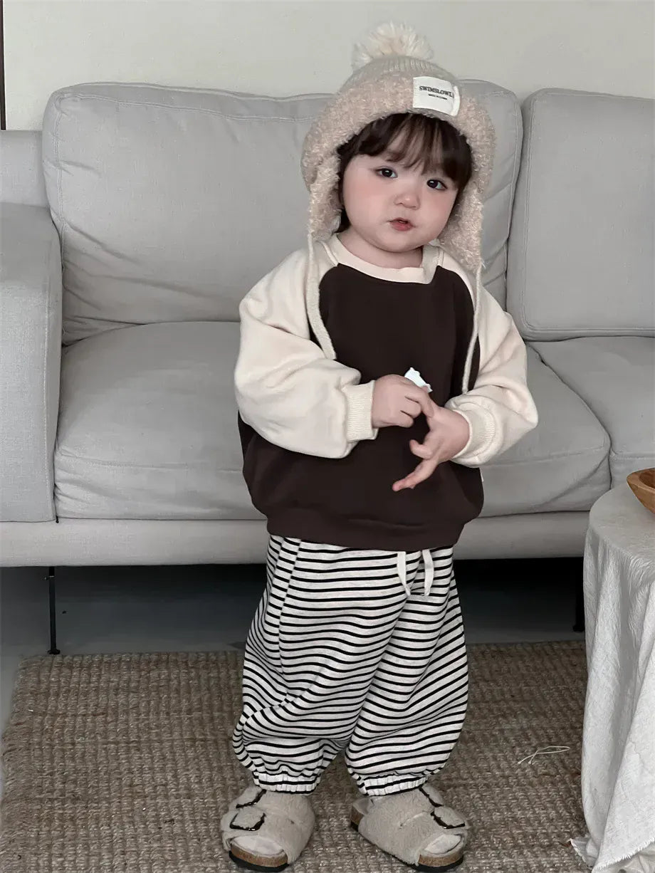 長袖セットアップ ベビートップス/パンツ パッチワーク長袖スウェットトレーナー/ロングルーズパンツ【mh0007966】